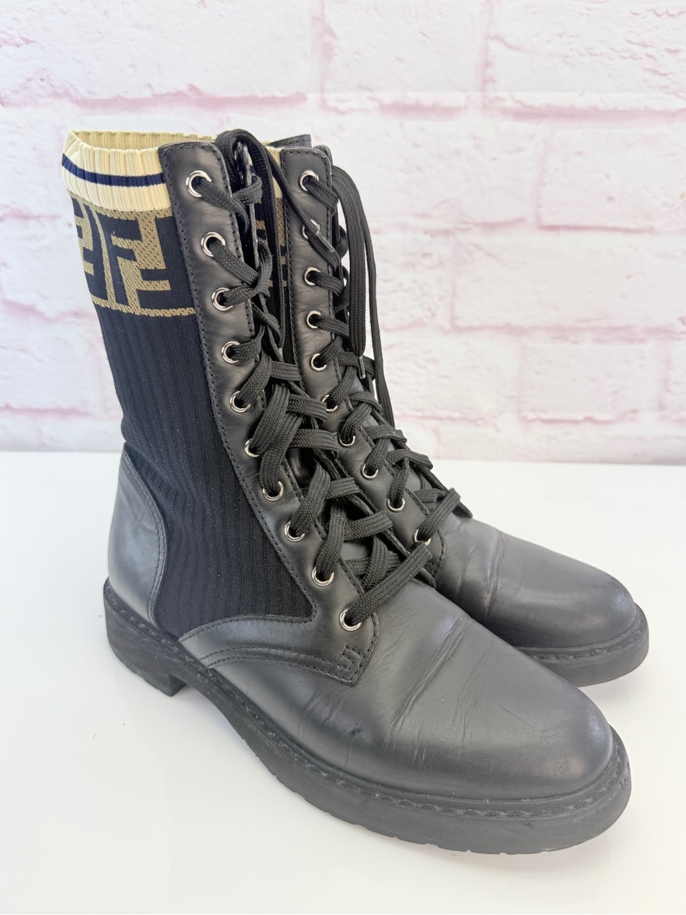 Fendi Calfskin Stretch Fabric Rockoko Biker Boots 39 Tobacco Black Marino